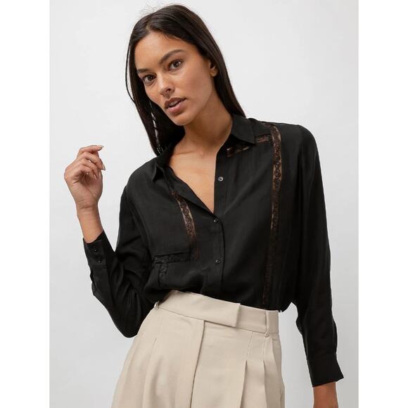 Rails Tops - Rails Mona in Black Crepe Lace Long Sleeve Button Collared Shirt L